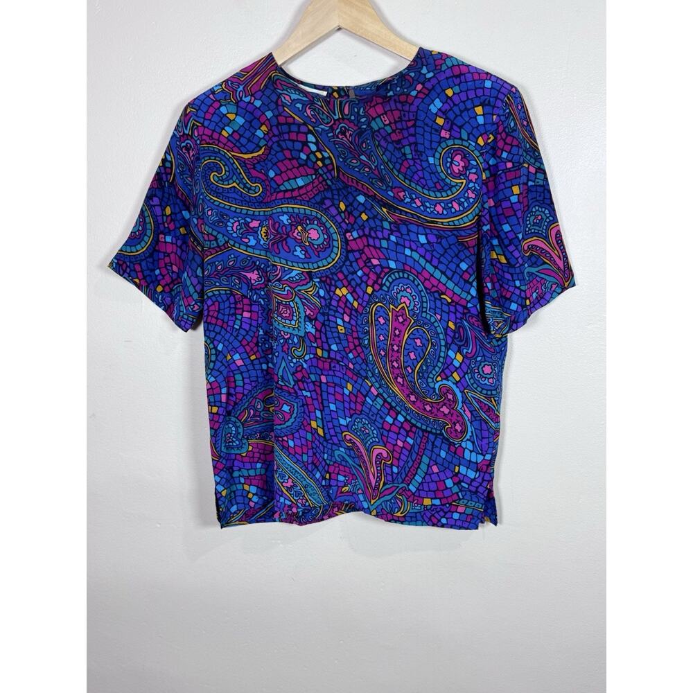 VTG 100% Silk Womens Blouse Paisley Multicolor 80s Funky Artsy Christie&Jill M